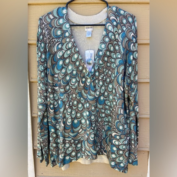 NWT- Chicos  Cardigan Long Sleeve Sweater One Button Peacock Pattern Sparkle - Picture 1 of 8